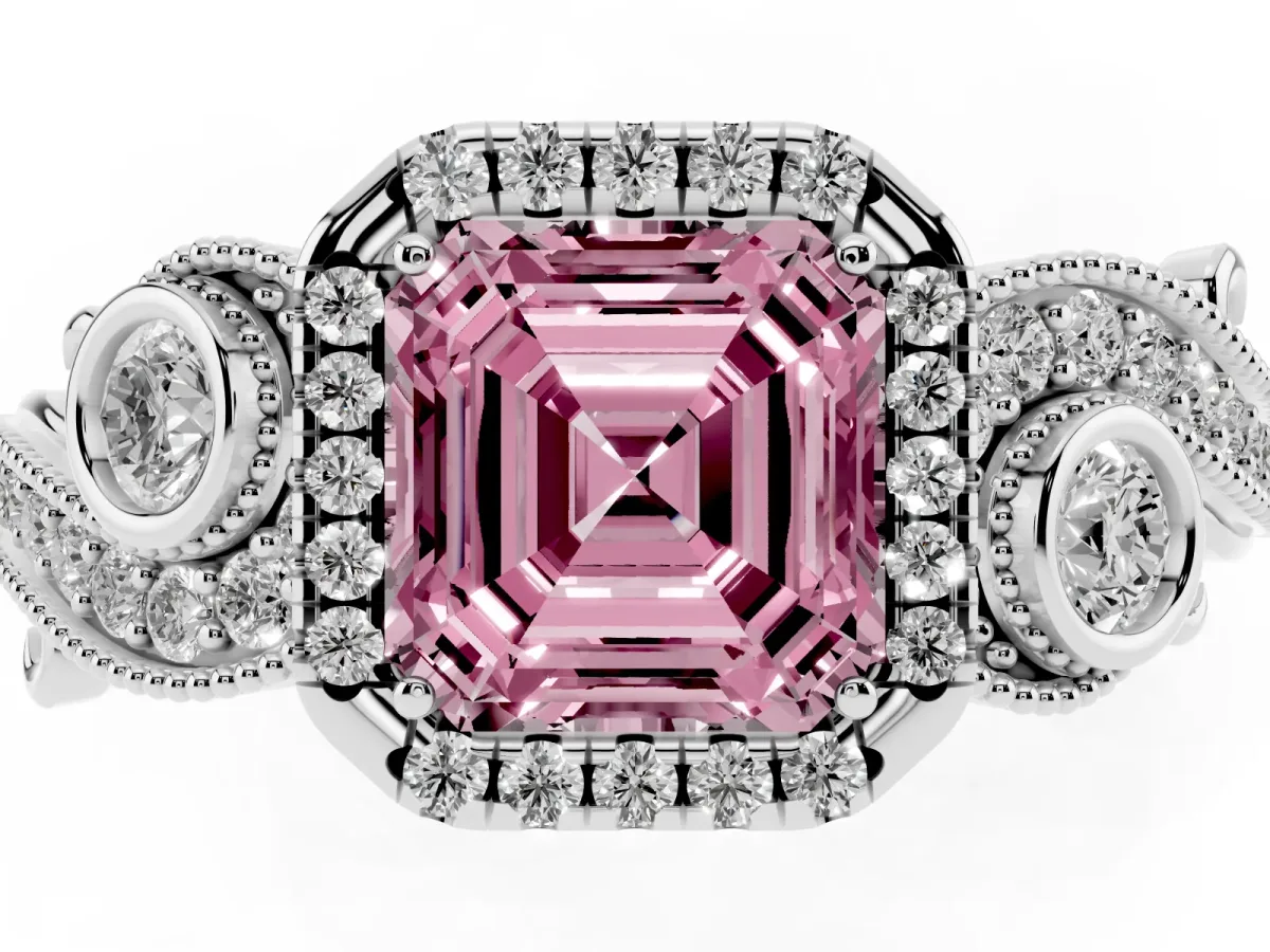 Fancy Pink Asscher Cut Diamond Halo Ring with Milgrain Pavé Band and Four-Prong Setting Platinum