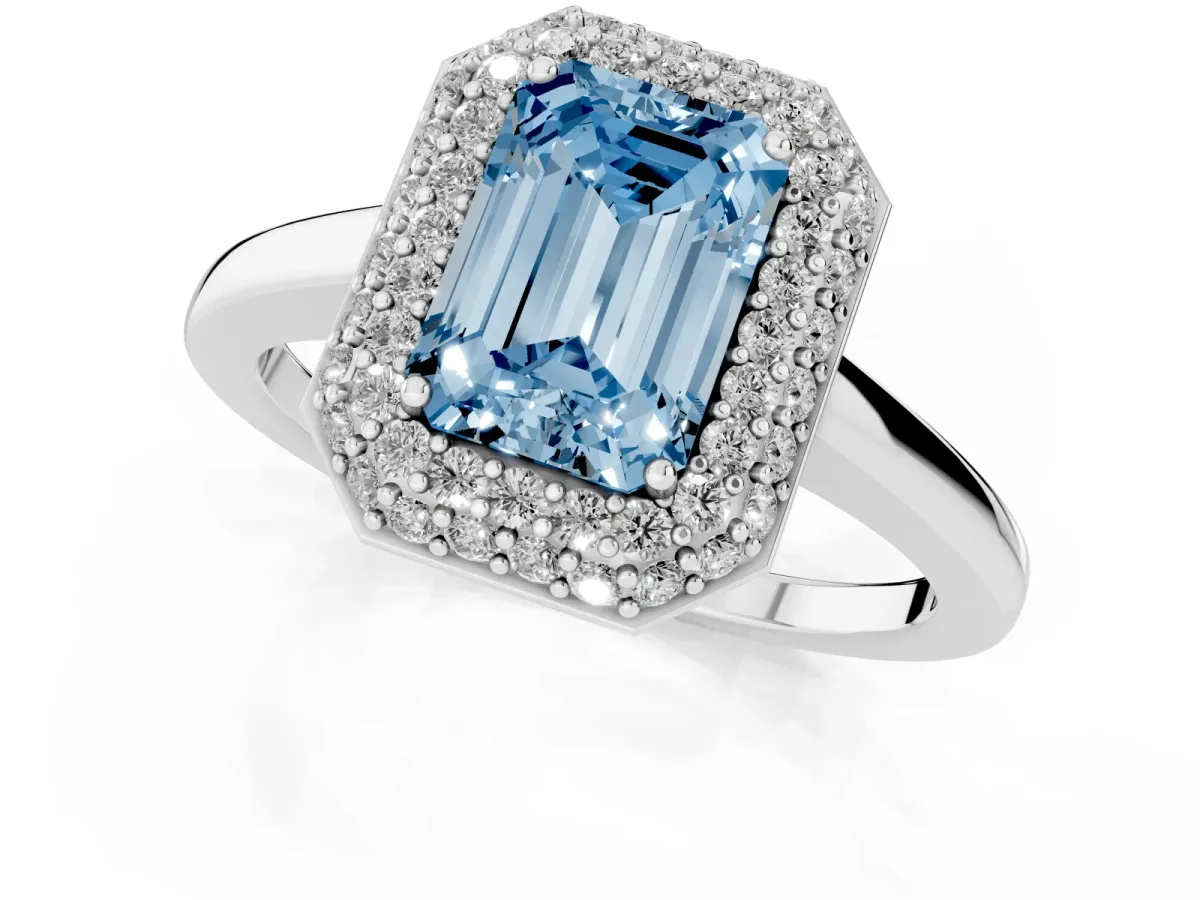 Fancy Blue Emerald Cut Halo Diamond Engagement Ring with Solitaire Band and Four-Prong Setting Silver