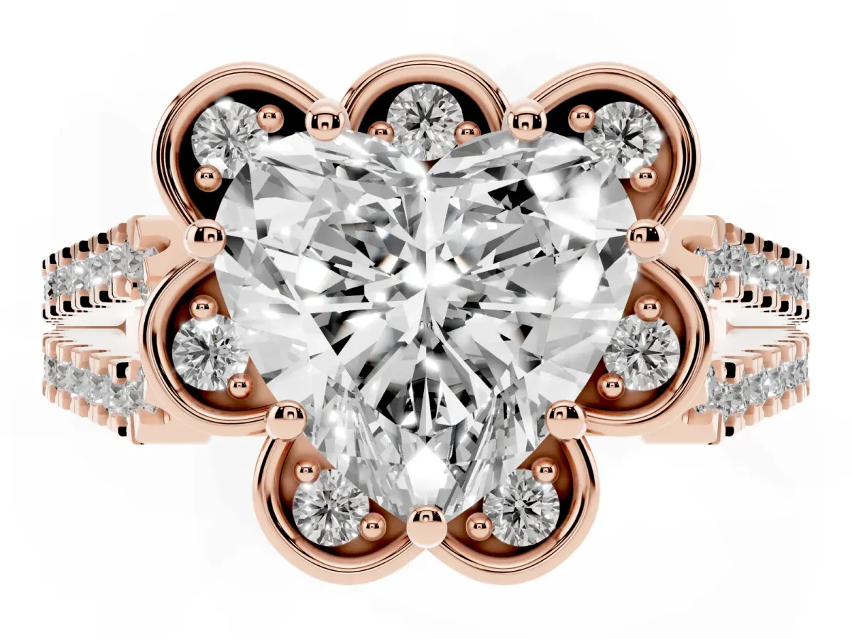 Heart Cut Halo Diamond Floral Split Shank Engagement Ring Rose gold