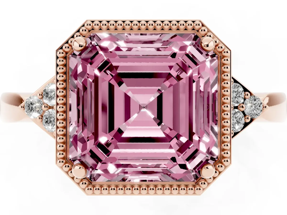 Fancy Pink Hexagonal Halo Asscher Cut Diamond Solitaire with Pavé Band and Four-Prong Setting Rose gold