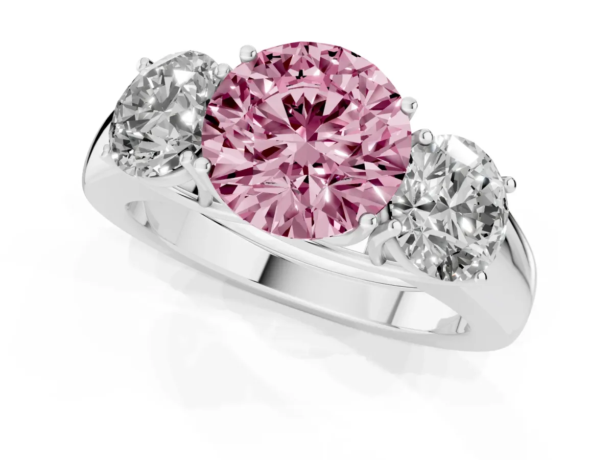Fancy Pink Three-Stone Round Cut Cut Diamond Ring with Prong Setting and Classic Band Platinum