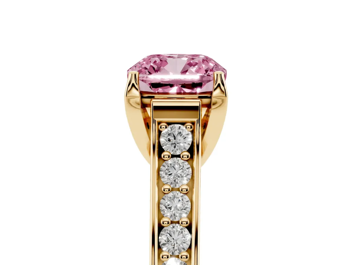 Fancy Pink Cushion Cut Brilliant Cut Diamond Engagement Ring with Pavé Band and Four-Prong Setting Yellow gold