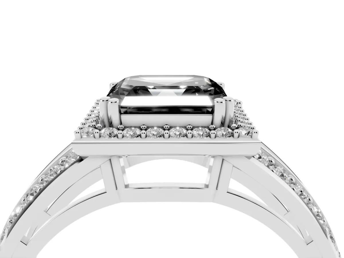 Fancy Black Asscher Cut Diamond Halo Ring with Split Shank Pavé Band and Four-Prong Setting Silver
