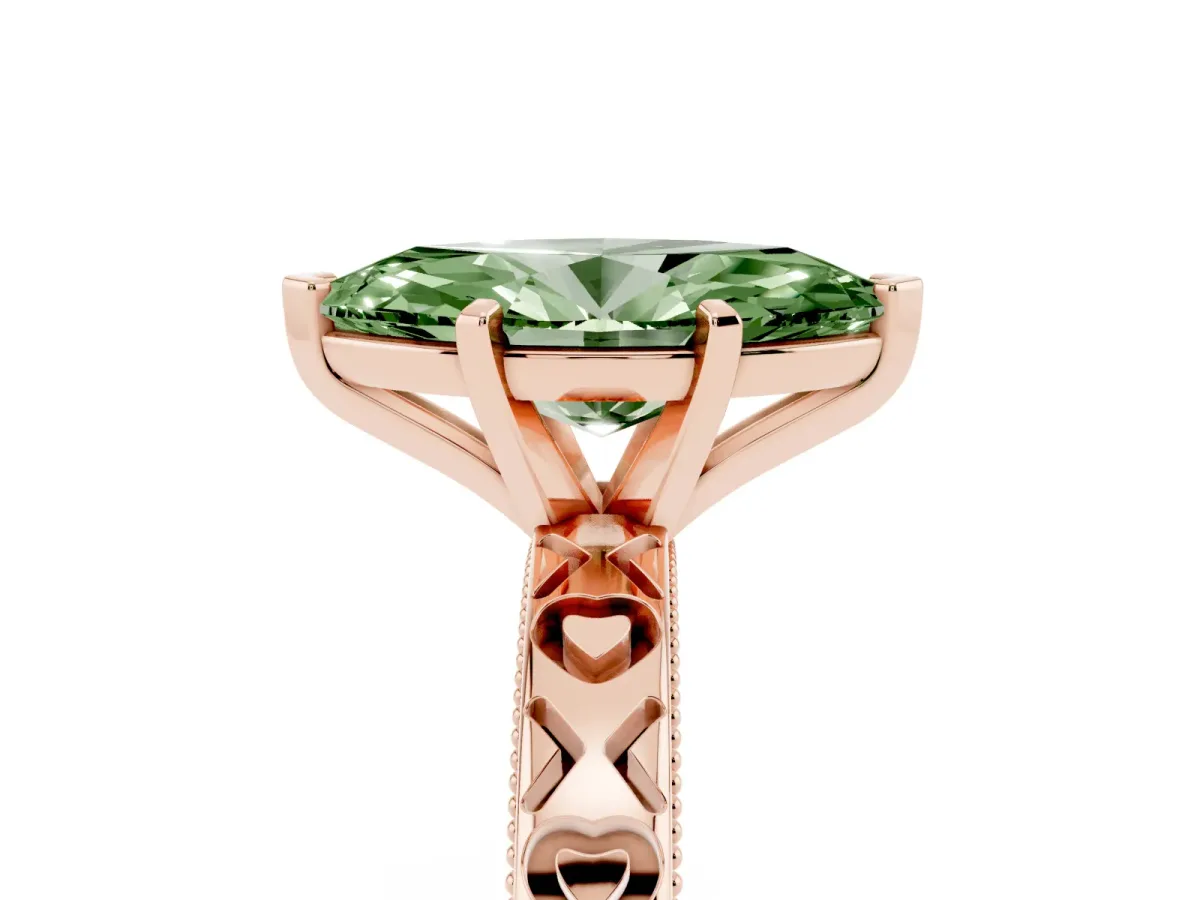Fancy Green Marquise Cut Solitaire Diamond Engagement Ring with XO Engraved Band and Four-Prong Setting Rose gold