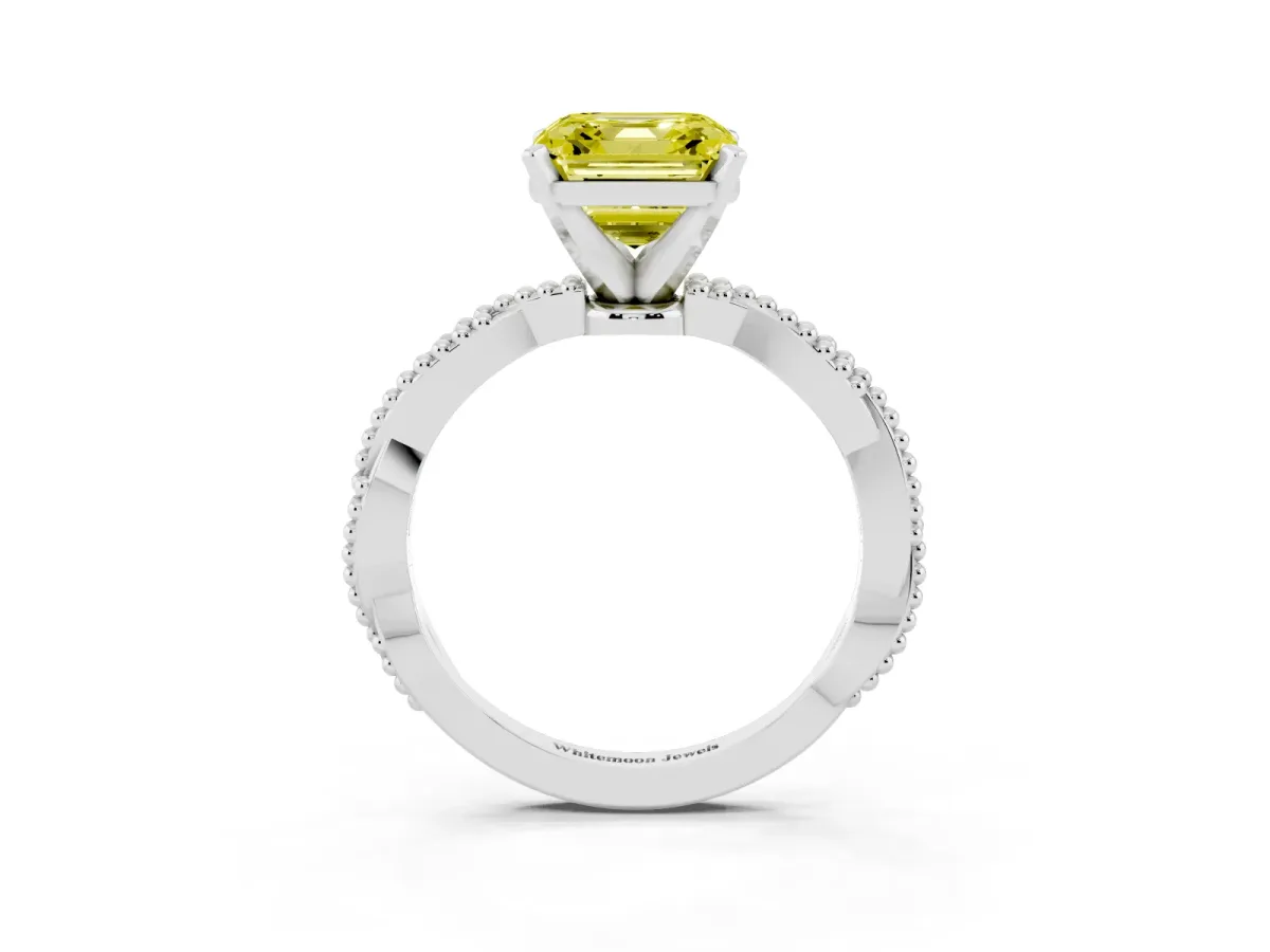 Fancy Yellow Asscher Cut Solitaire Twisted Band with Bead Prong Setting Silver