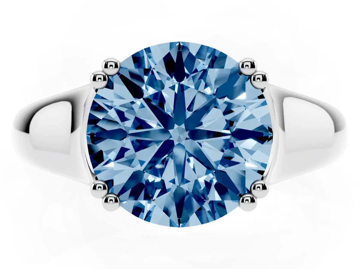 Fancy Blue Round Cut Diamond Solitaire Ring with Wide Band and Prong Setting Silver