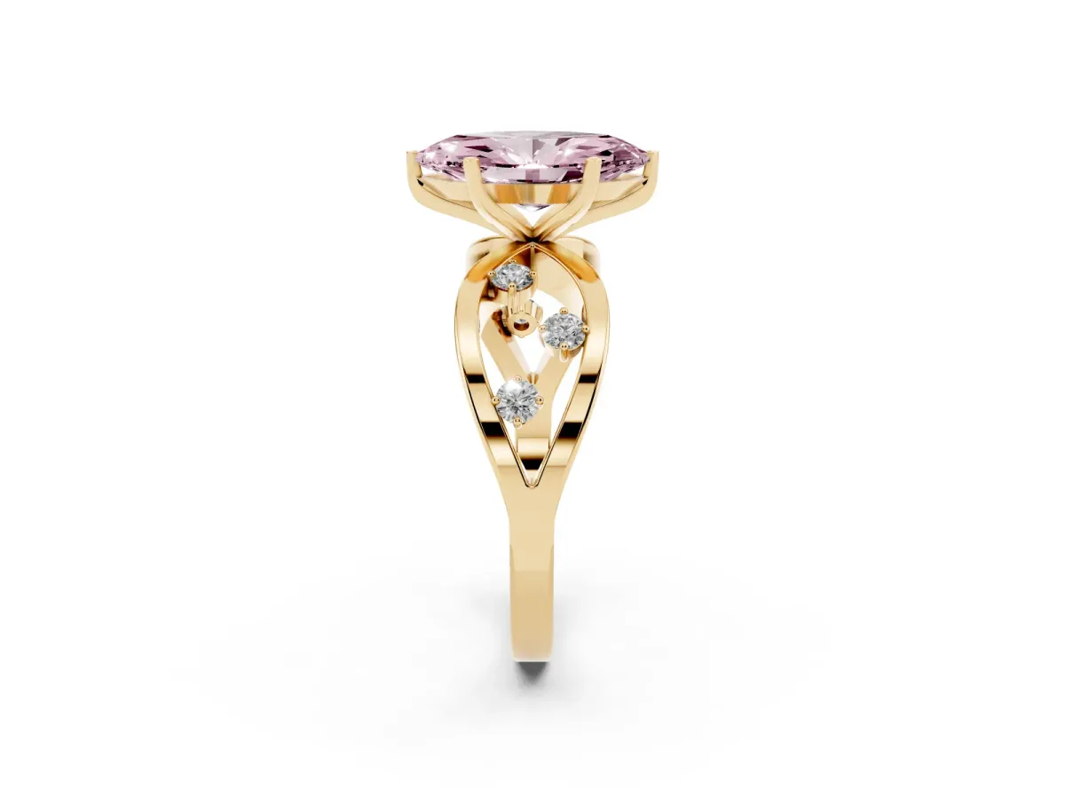 Fancy Pink Marquise Cut Cut Solitaire Diamond with Side Stones on Criss-Cross Band and Four-Prong Setting Yellow gold