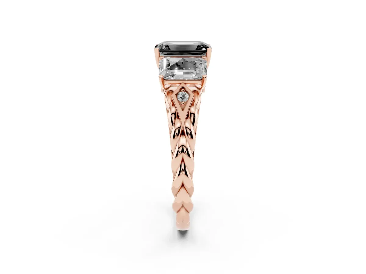 Fancy Black Three-Stone Radiant Cut Diamond Braided Band Ring with Four-Prong Setting Rose gold