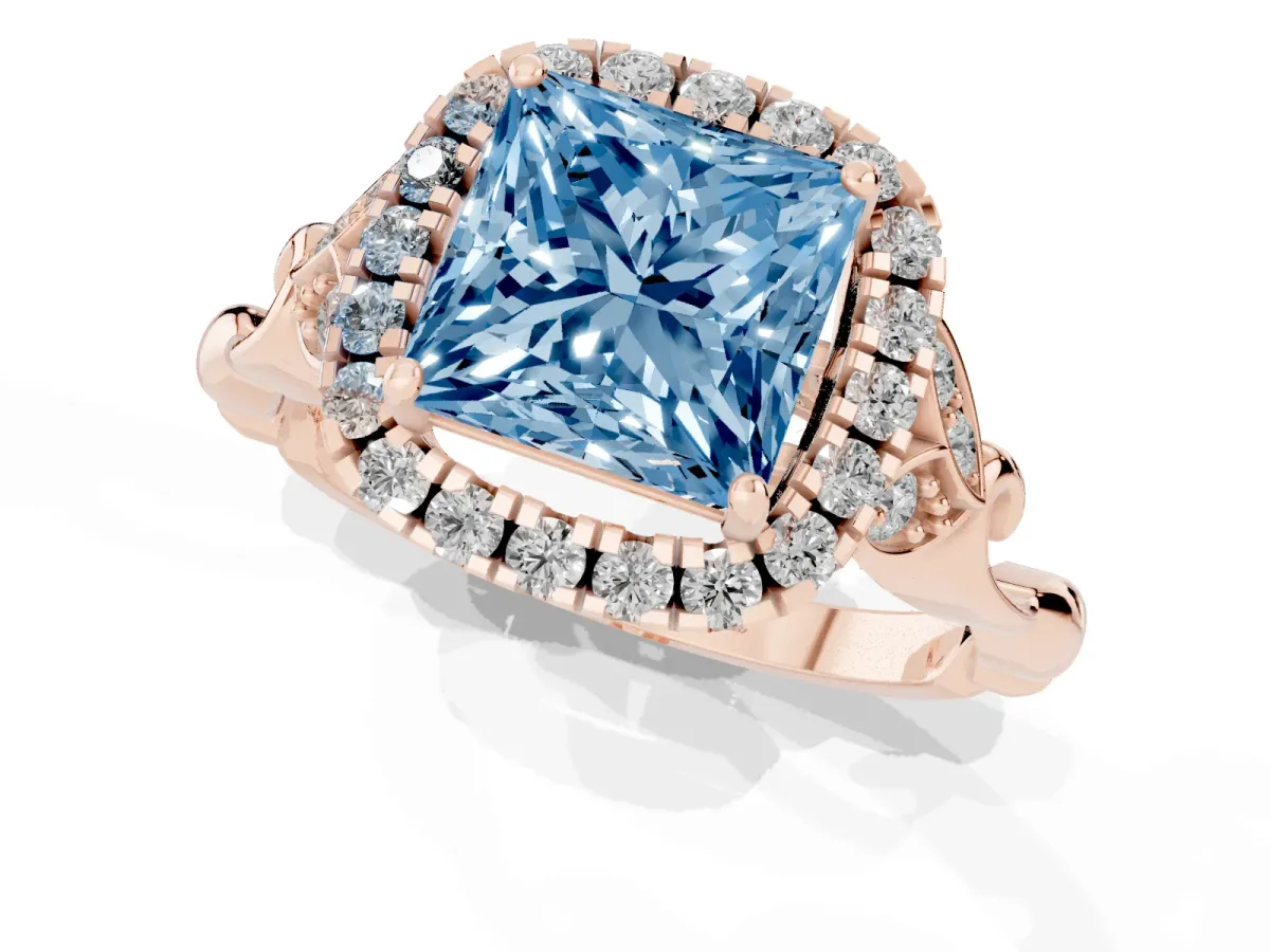 Fancy Blue Princess Cut Halo Diamond Engagement Ring with Vintage-Inspired Band and Four-Prong Setting Rose gold