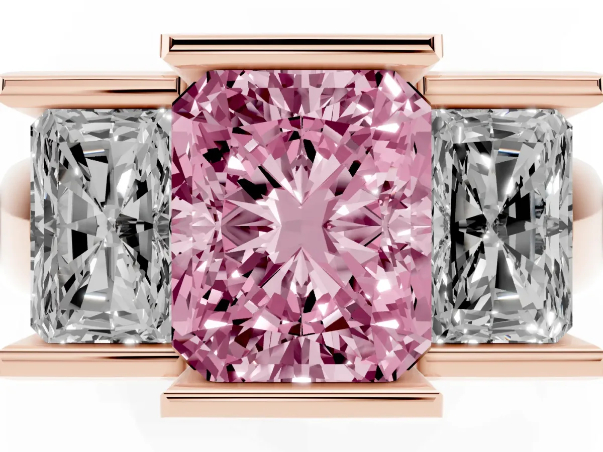 Fancy Pink Three Stone Radiant Cut Cut Channel Set Diamond Ring Rose gold