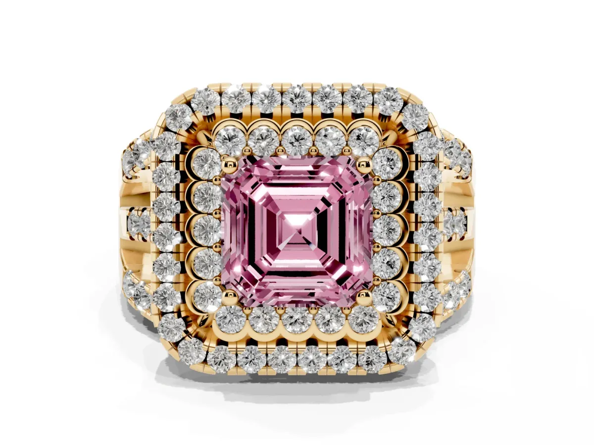 Fancy Pink Asscher Cut Diamond Double Halo Ring with Round Pavé Split Shank and Prong Setting Yellow gold