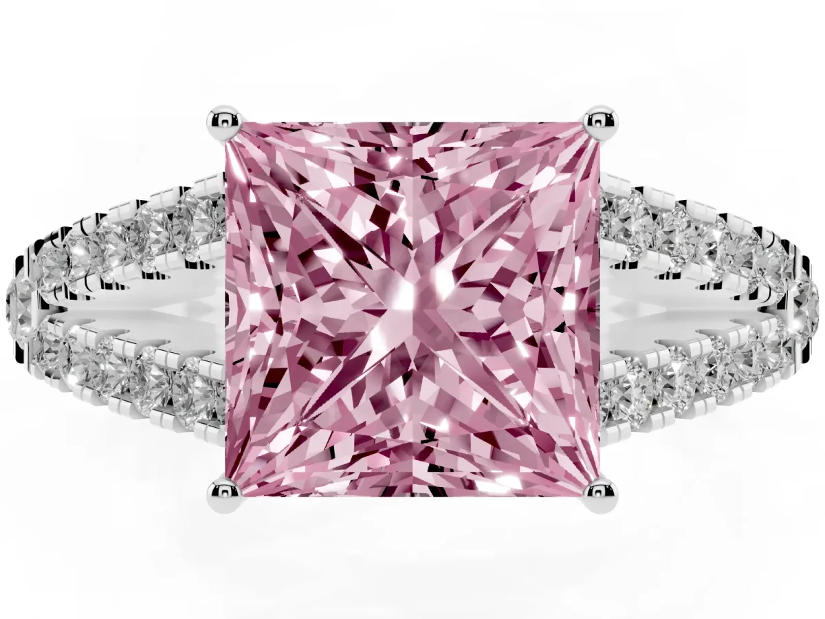 Fancy Pink Princess Cut Diamond Split Shank Engagement Ring with Round Pavé and Prong Setting Silver