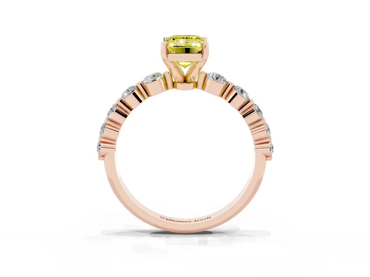 Fancy Yellow Emerald Cut Solitaire Diamond Ring with Pave Band and Four-Prong Setting Rose gold