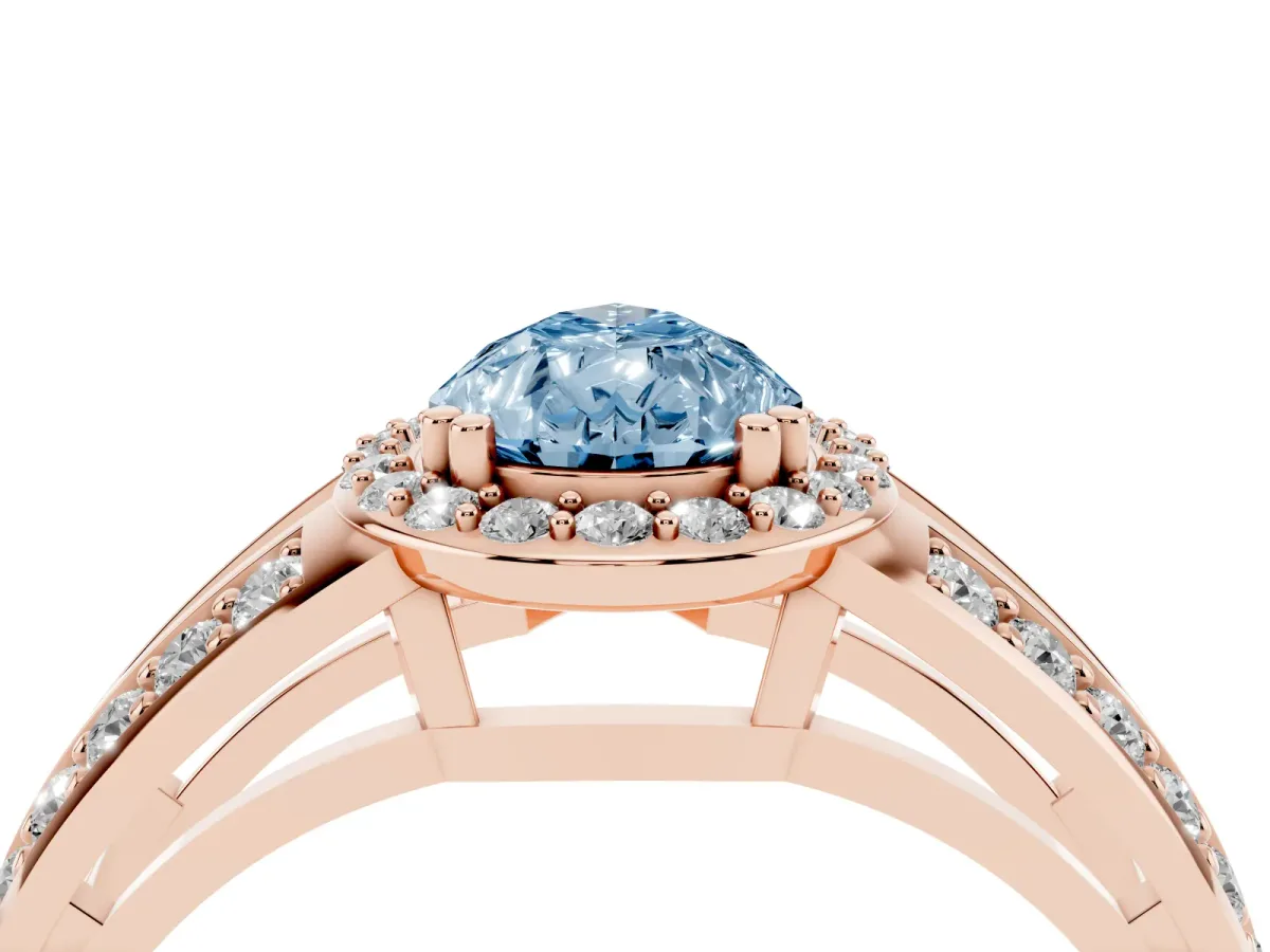 Fancy Blue Pear Cut Diamond Halo Ring with Split Shank Pavé Band and Four-Prong Setting Rose gold