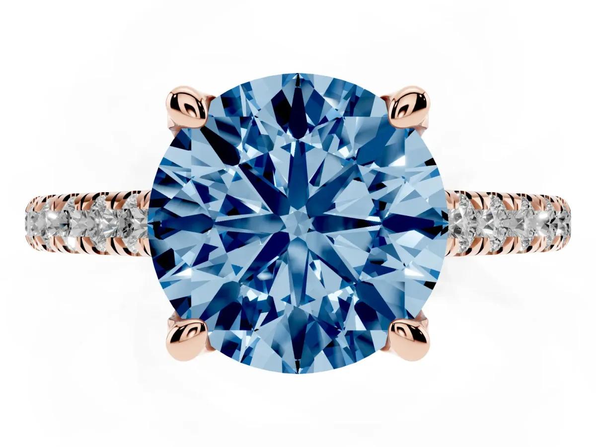 Fancy Blue Round Cut Brilliant Diamond Solitaire with Pavé Band and Four-Prong Setting Rose gold