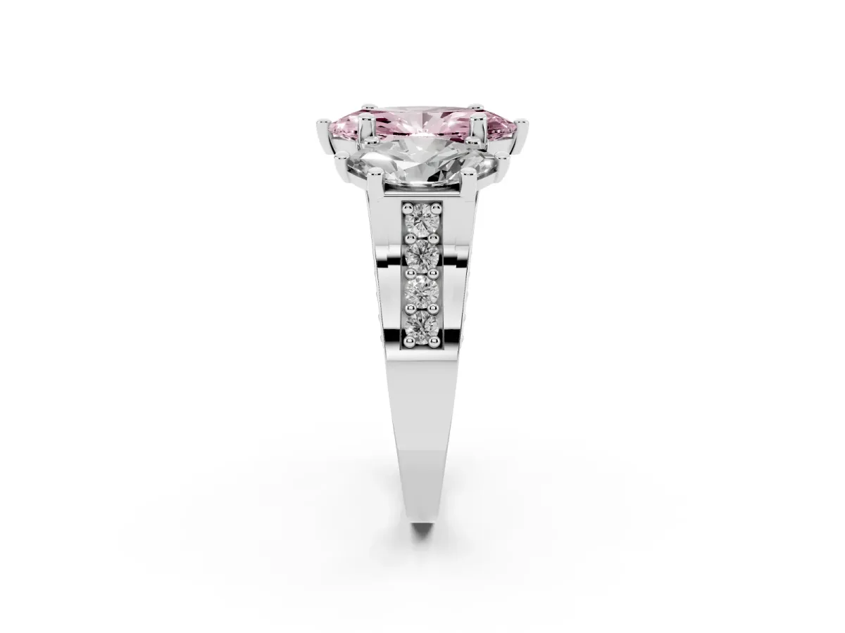 Fancy Pink Marquise Cut Diamond Three-Stone Ring with Channel Set Band and Four-Prong Setting Platinum