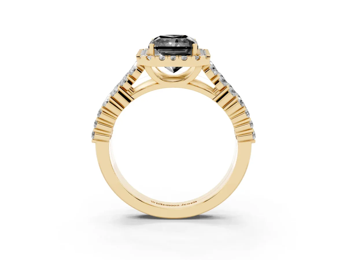 Fancy Black Radiant Cut Diamond Halo Engagement Ring with Triple Row Round Pavé Band and Prong Setting Yellow gold