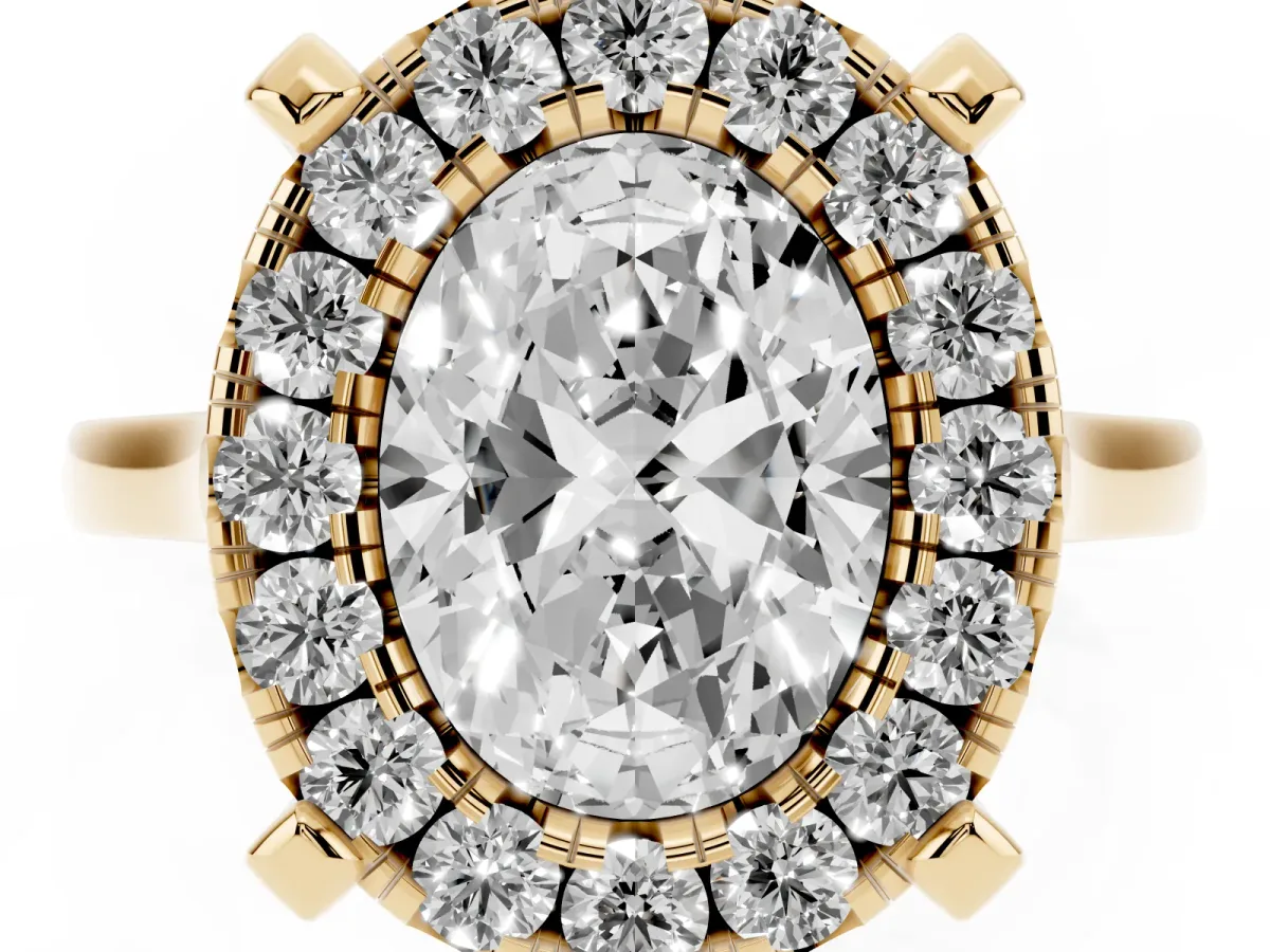 Oval Cut Diamond Cluster Halo Solitaire with Four-Prong Setting Yellow gold
