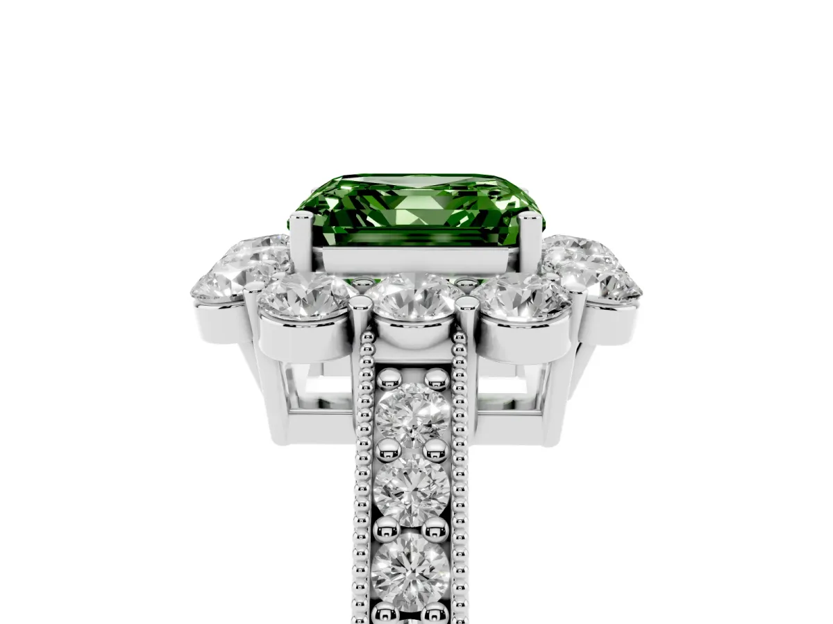 Fancy Green Asscher Cut Cut Halo Diamond Pavé Engagement Ring with Milgrain Detailing Platinum