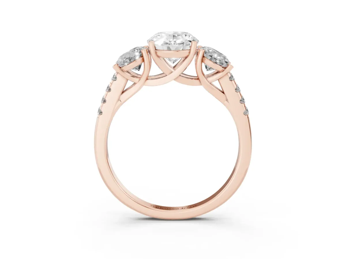 Three-Stone Oval Cut Diamond Ring with Round Pavé Band and Prong Setting Rose gold