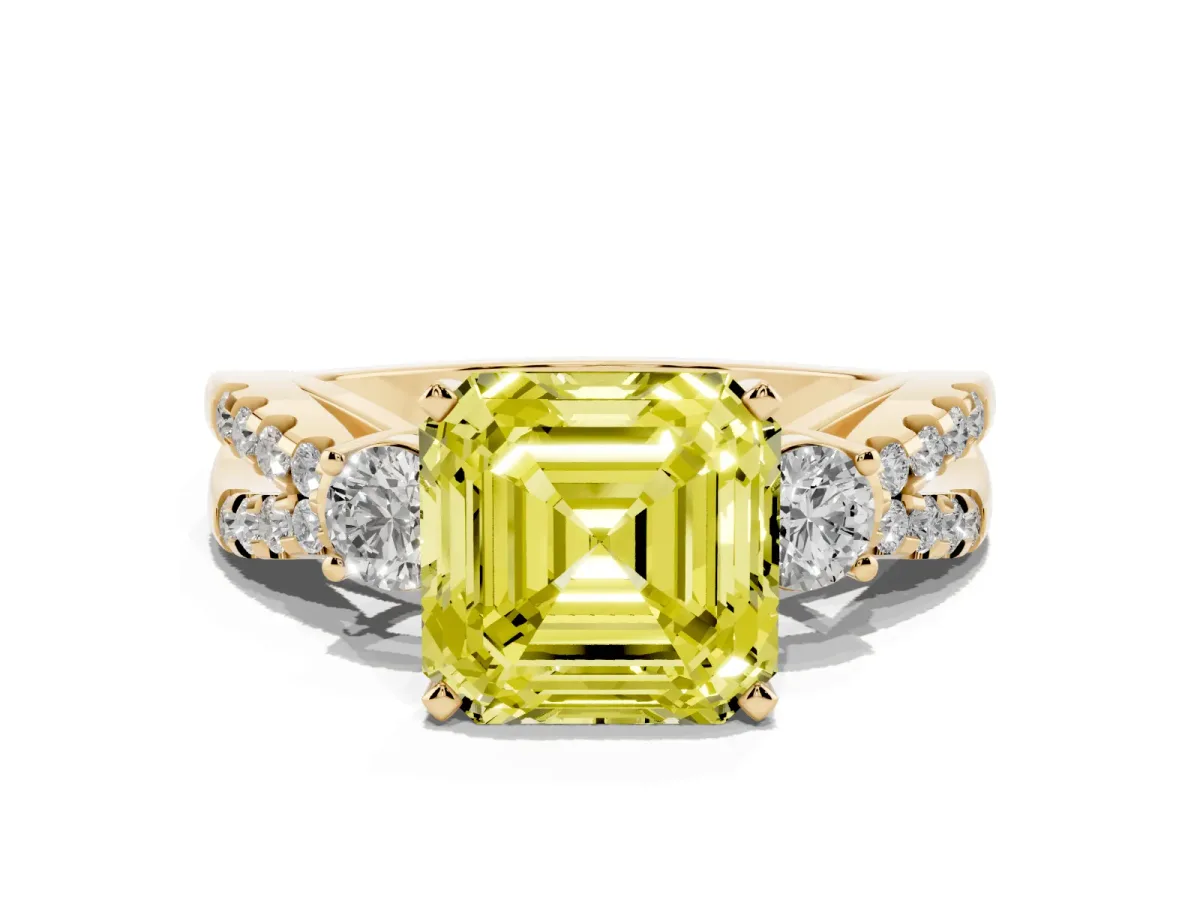 Fancy Yellow Asscher Cut Diamond Three-Stone Ring with Pavé Split Shank and Four-Prong Setting Yellow gold