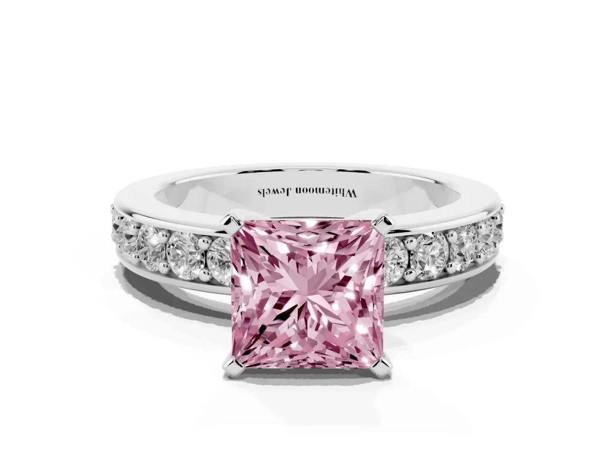 Fancy Pink Princess Cut Diamond Engagement Ring with Channel Set Round Band and Prong Setting Silver