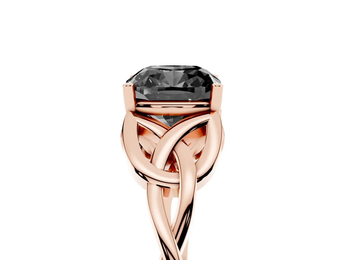 Fancy Black Cushion Cut Diamond Solitaire Engagement Ring with Celtic Knot Band and Four-Prong Setting Rose gold
