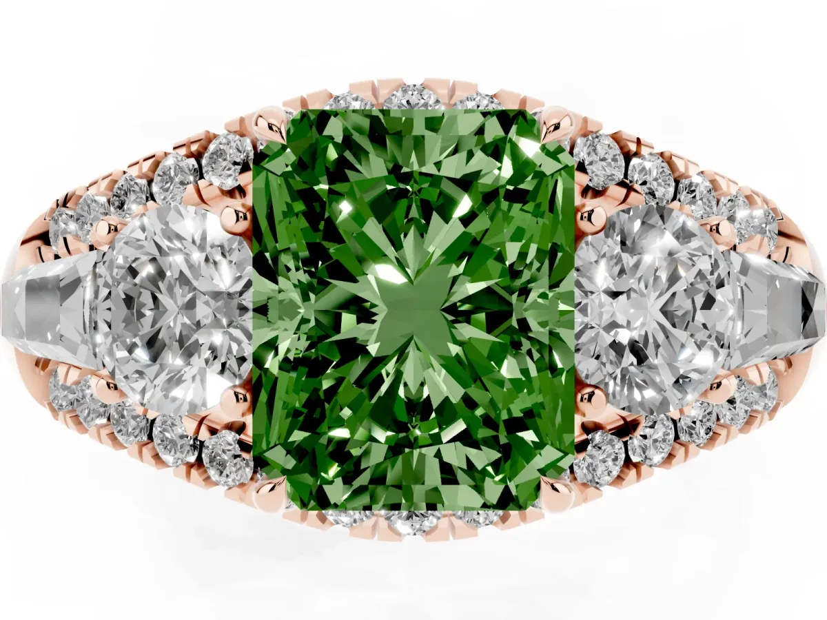 Fancy Green Three-Stone Radiant Cut Diamond Engagement Ring with Pave Band and Prong Setting Rose gold
