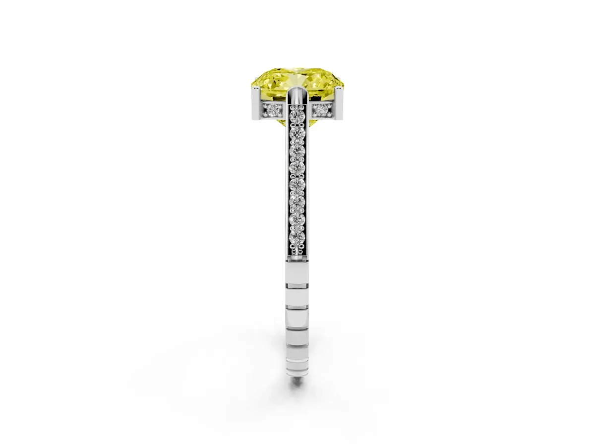 Fancy Yellow Cushion Cut Solitaire Diamond Ring with Channel Set Band and Bezel Prong Setting Silver