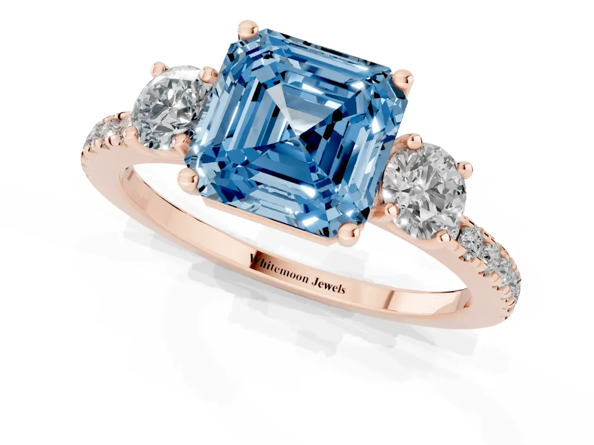 Fancy Blue Three-Stone Asscher Cut Cut Diamond Pavé Band with Prong Setting Rose gold