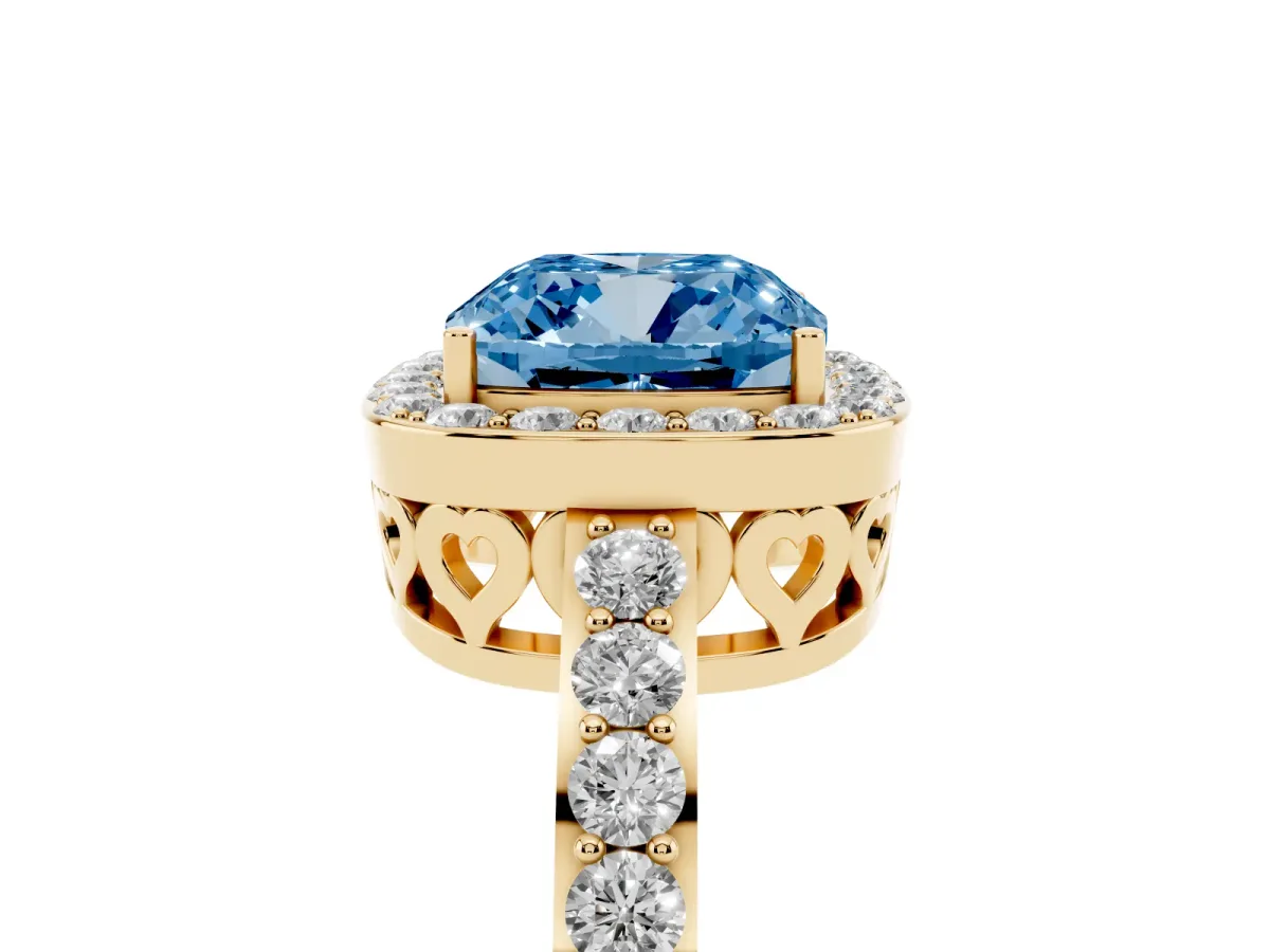 Fancy Blue Cushion Cut Halo Diamond Pavé Band Ring with Prong Setting Yellow gold