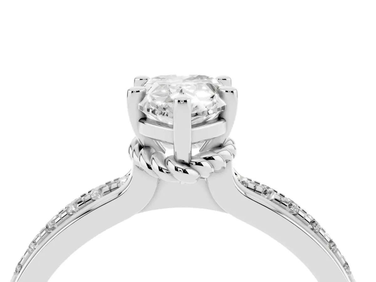 Pear Cut Solitaire Diamond Ring with Channel Set Band and Six-Prong Setting Silver