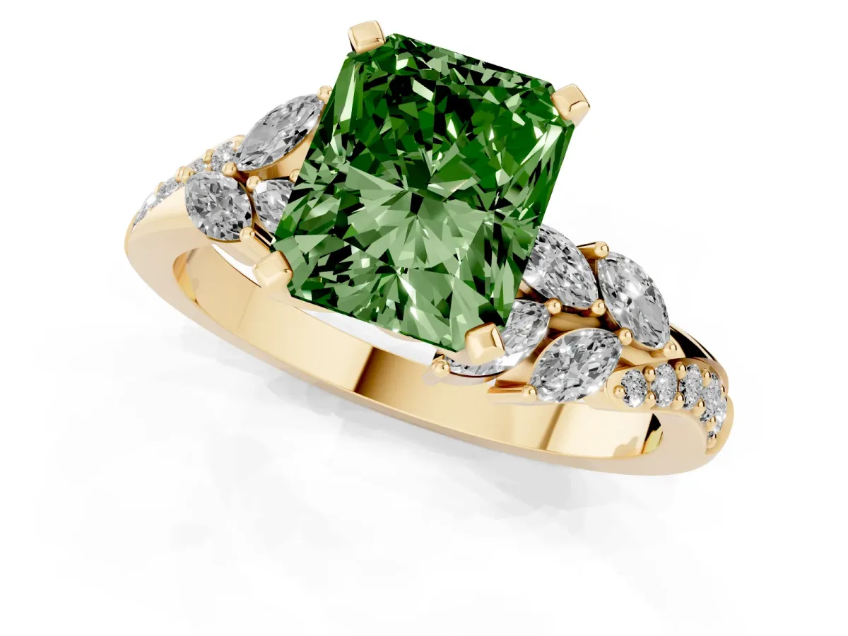 Fancy Green Radiant Cut Solitaire Marquise Twist Band with Six-Prong Setting Yellow gold