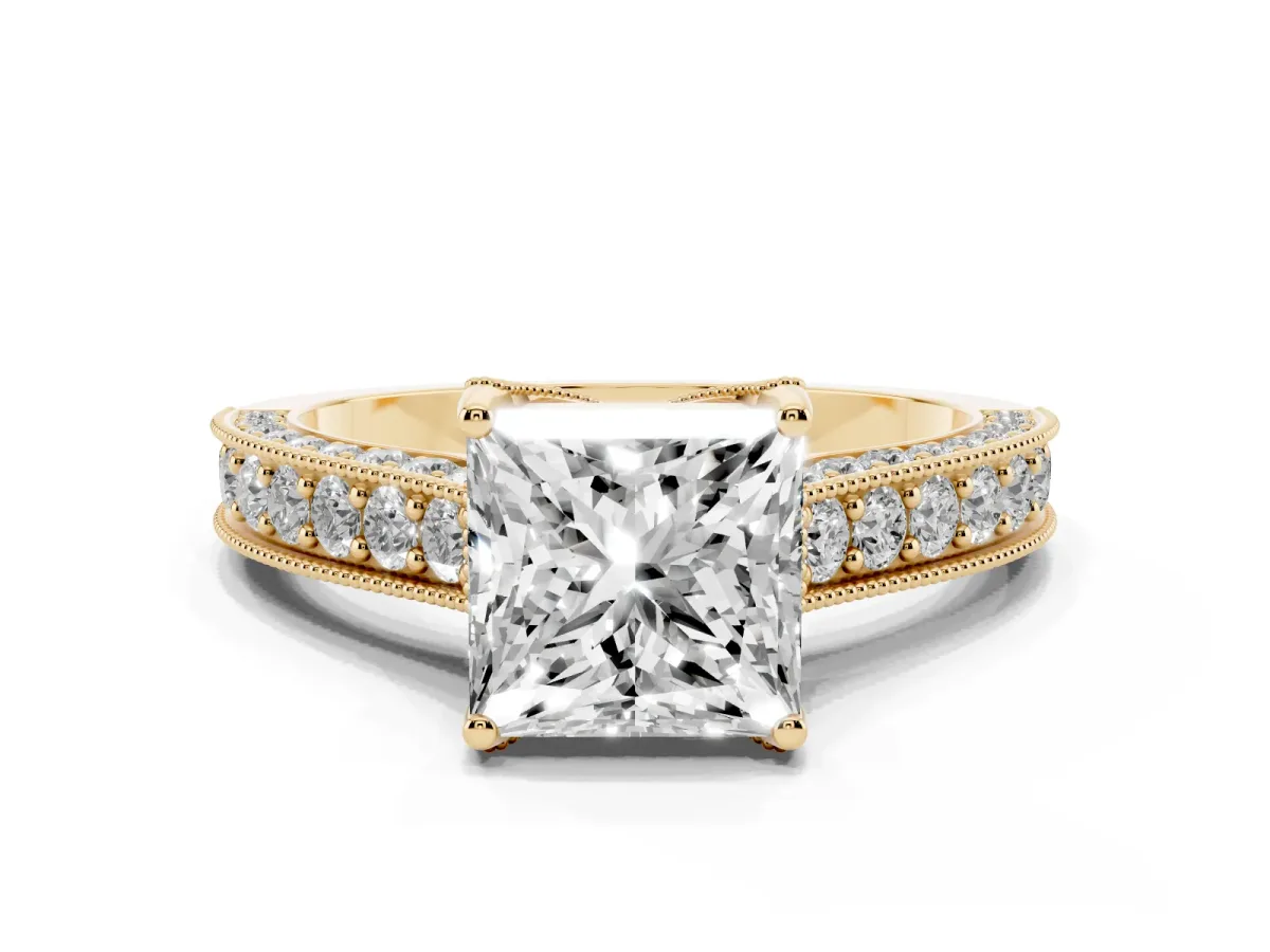 Princess Cut Cut Diamond Solitaire Ring with Milgrain Pave Band and Four Prong Setting Yellow gold
