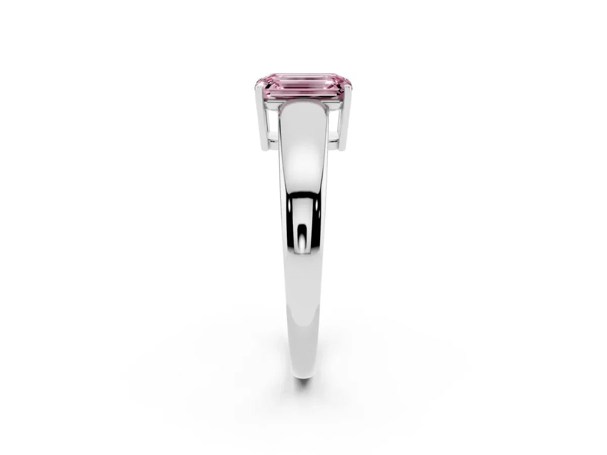 Fancy Pink Emerald Cut Solitaire Diamond Ring with Tapered Band and Four-Prong Setting White gold