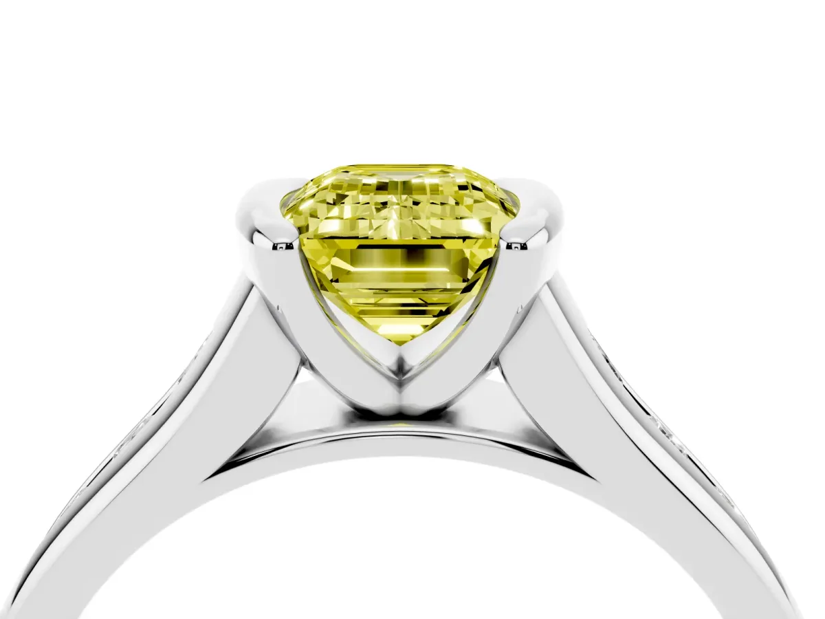 Fancy Yellow Emerald Cut Solitaire Bezel-Set Diamond Ring with Channel-Set Band Platinum