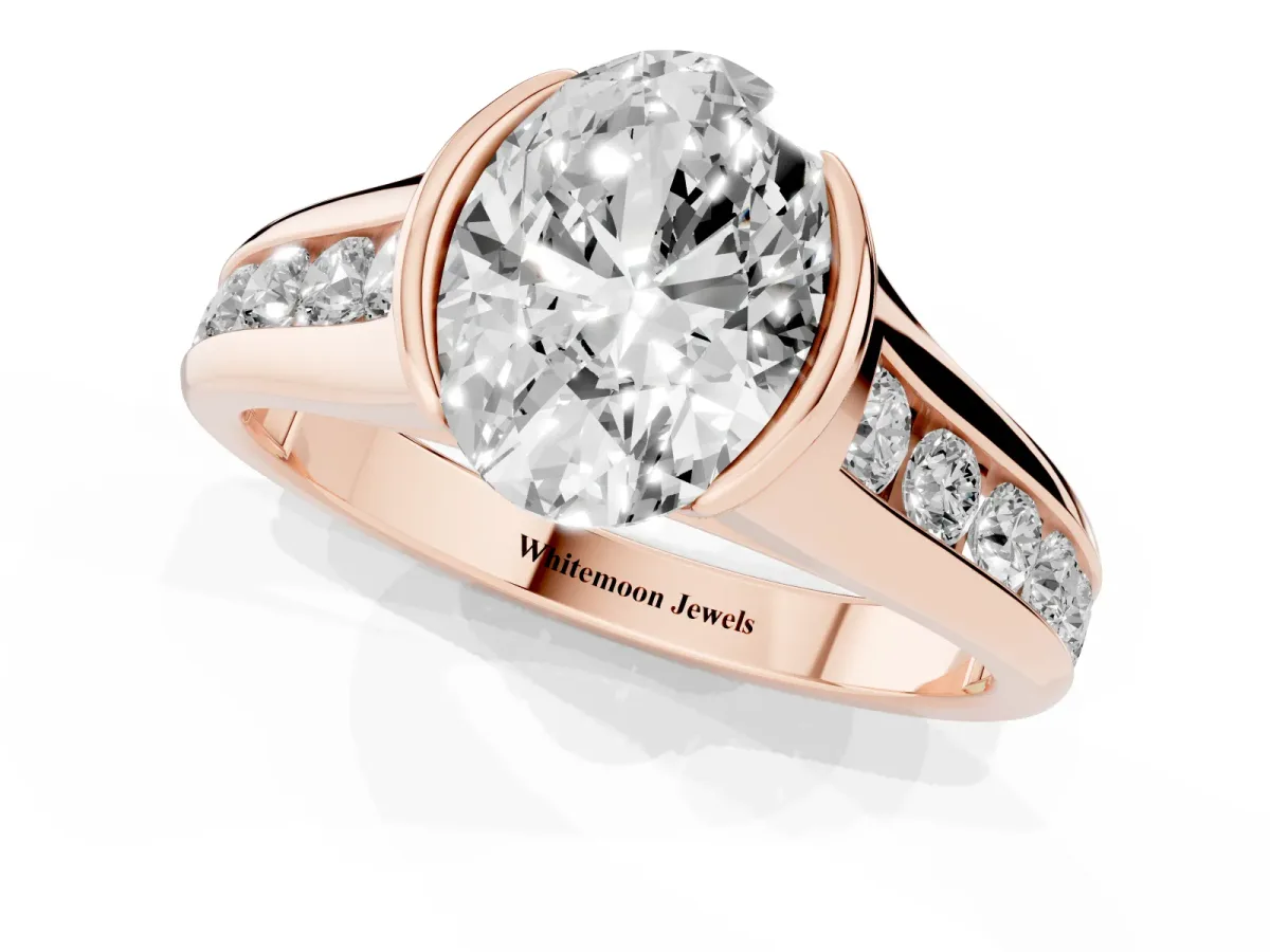 Oval Cut Solitaire Bezel-Set Diamond Ring with Channel-Set Band Rose gold