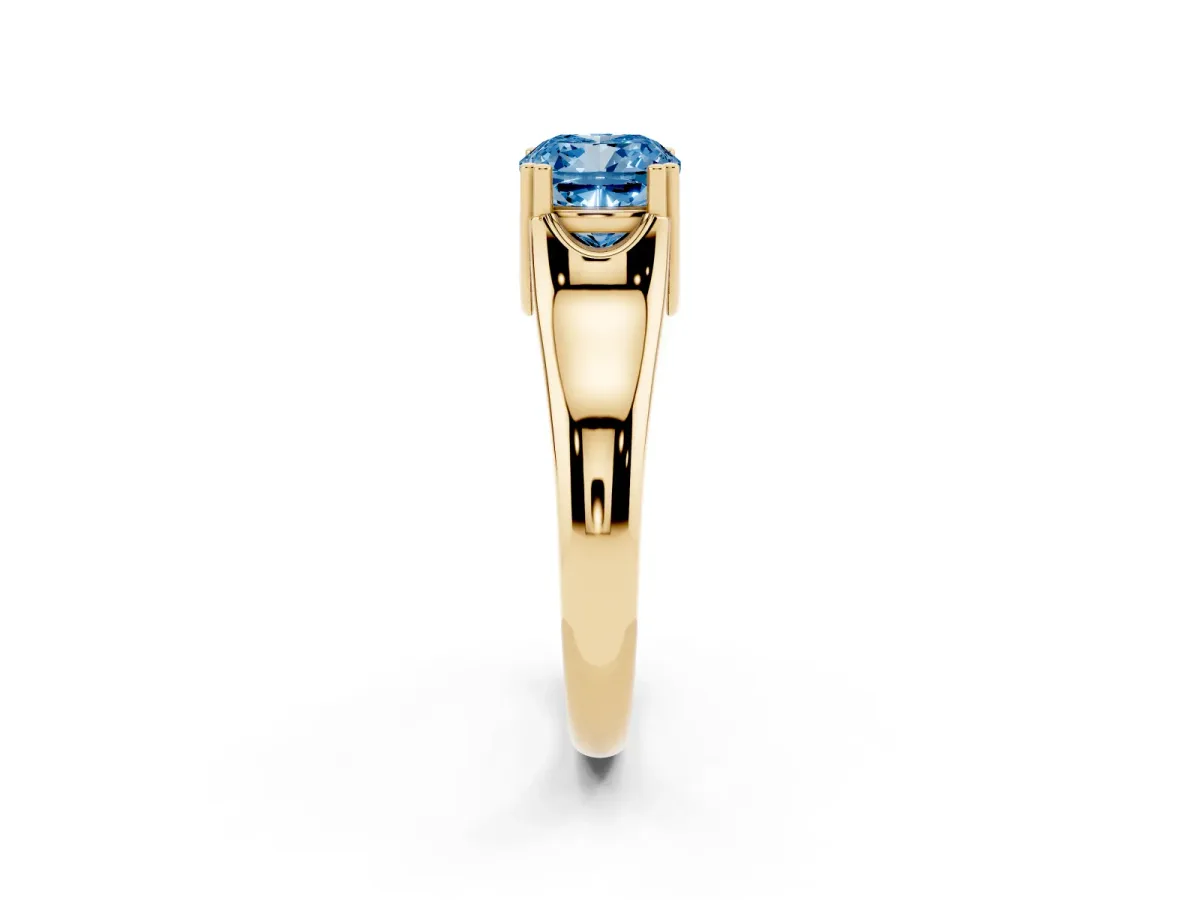 Fancy Blue Cushion Cut Diamond Solitaire Ring with Wide Band and Prong Setting Yellow gold