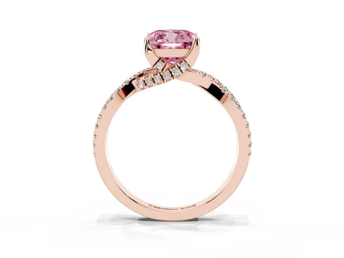 Fancy Pink Cushion Cut Solitaire Twist Pave Diamond Engagement Ring with Prong Setting Rose gold