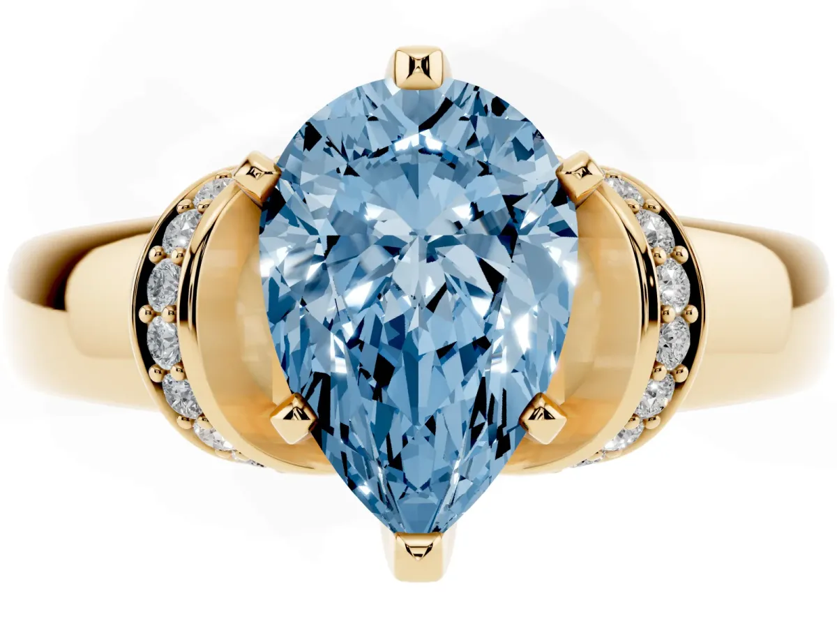 Fancy Blue Pear Cut Solitaire Diamond Ring with Pave Band and Six-Prong Setting Yellow gold