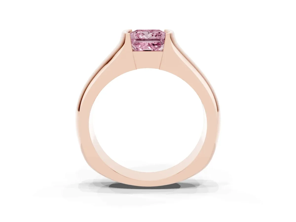Fancy Pink Princess Cut Solitaire Bezel Set Diamond Ring with Wide Band Rose gold