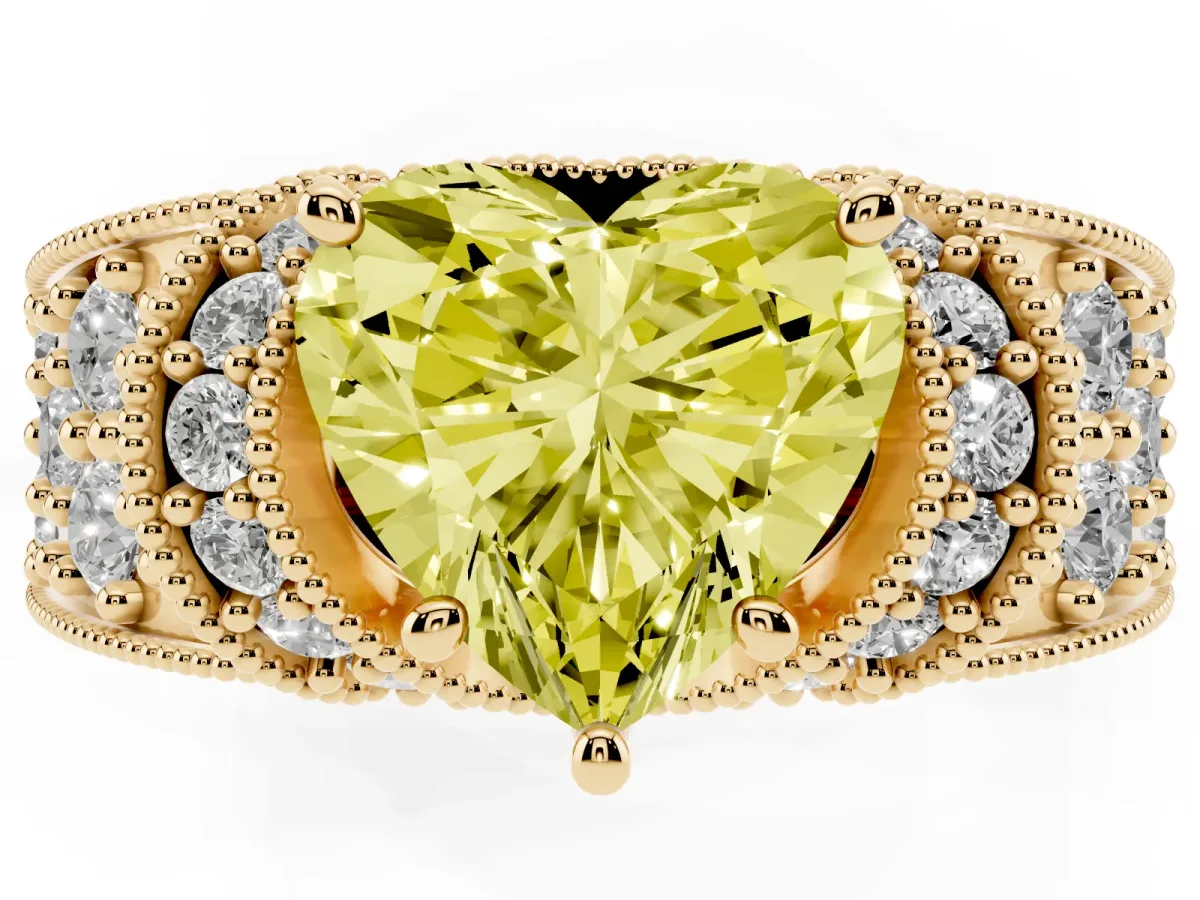 Fancy Yellow Heart Cut Halo Pave Diamond Engagement Ring with Milgrain Detailing Yellow gold