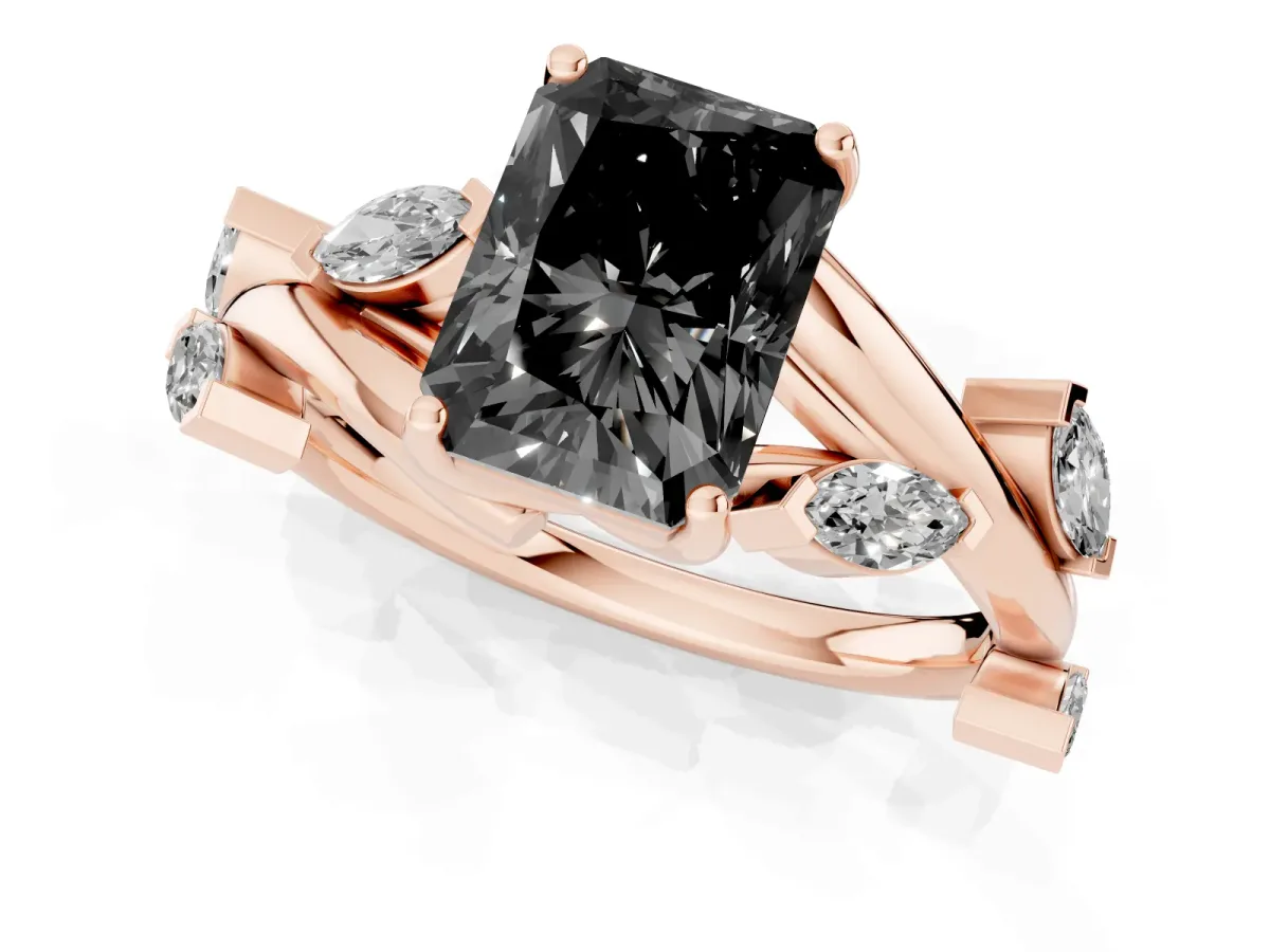 Fancy Black Radiant Cut Solitaire Twisted Band Marquise Accent Prong Setting Ring Rose gold