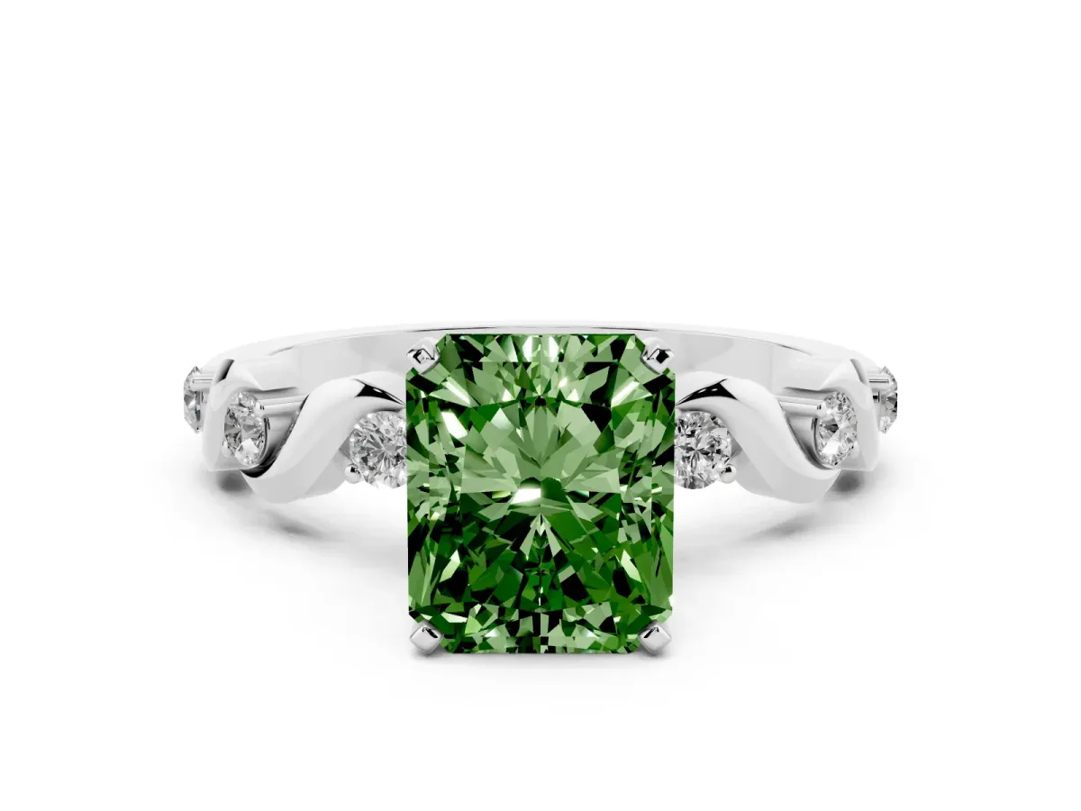 Fancy Green Radiant Cut Diamond Solitaire Twisted Band with Round Accents and Prong Setting White gold