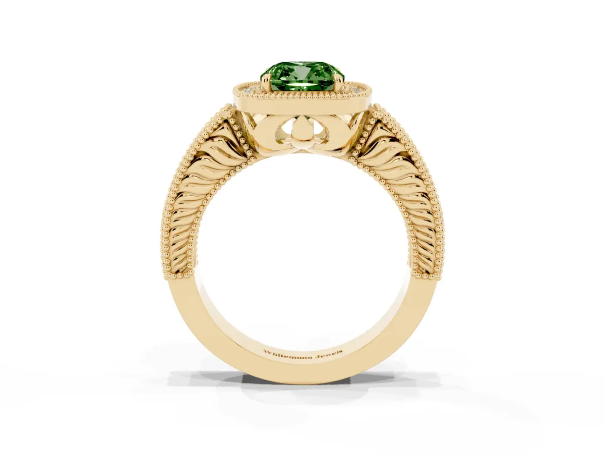 Fancy Green Cushion Cut Cut Halo Diamond Ring with Pavé Band and Four-Prong Setting Yellow gold