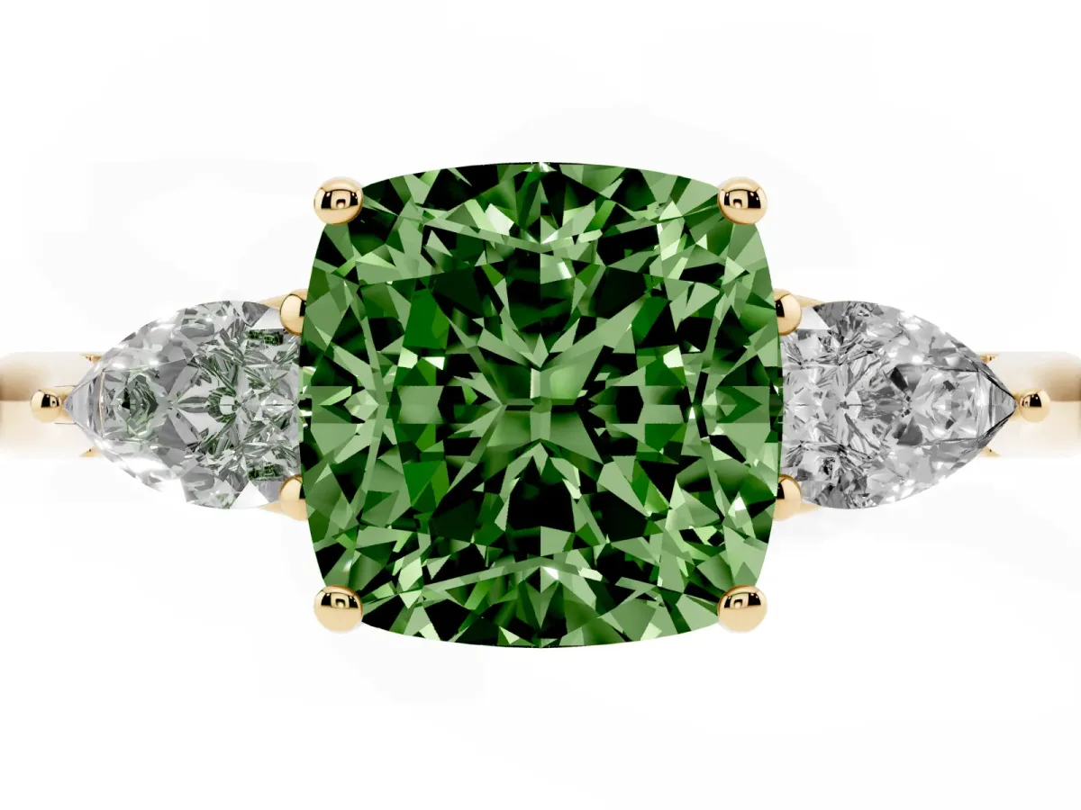 Fancy Green Three-Stone Cushion Cut Brilliant Diamond Solitaire Ring with Tapered Band and Four-Prong Setting Yellow gold
