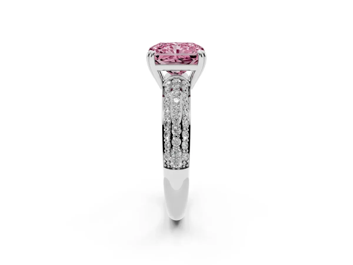 Fancy Pink Radiant Cut Diamond Solitaire Ring with Multi-Row Round Pavé Band and Prong Setting Silver