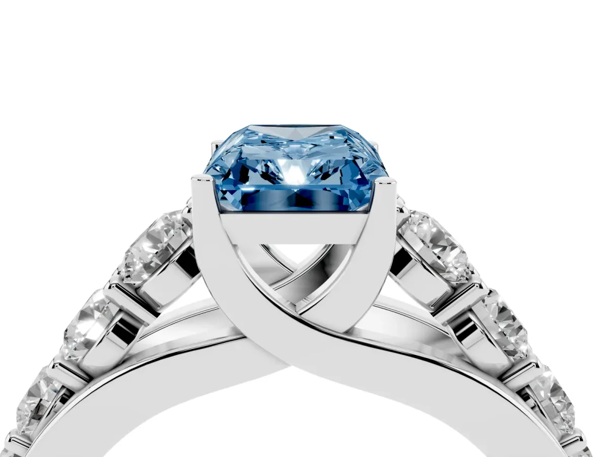 Fancy Blue Radiant Cut Diamond Engagement Ring with Pavé Band and Four-Prong Setting Silver