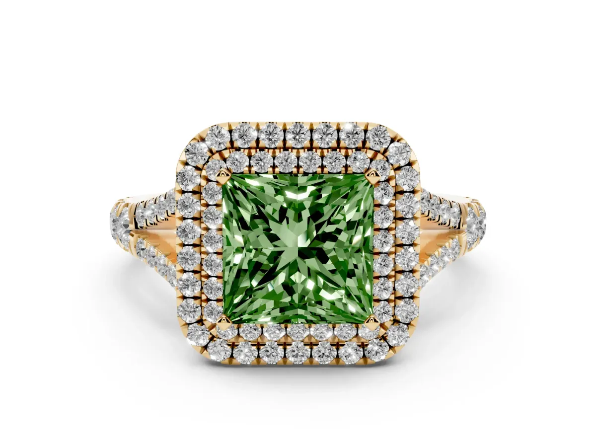 Fancy Green Princess Cut Diamond Pavé Split Shank Double Halo Engagement Ring Yellow gold