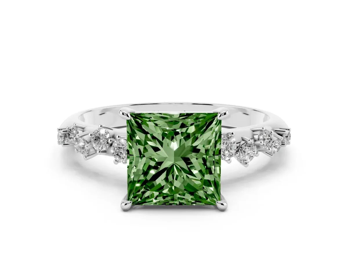 Fancy Green Princess Cut Diamond Cluster Side Stone Solitaire Ring with Prong Setting Platinum